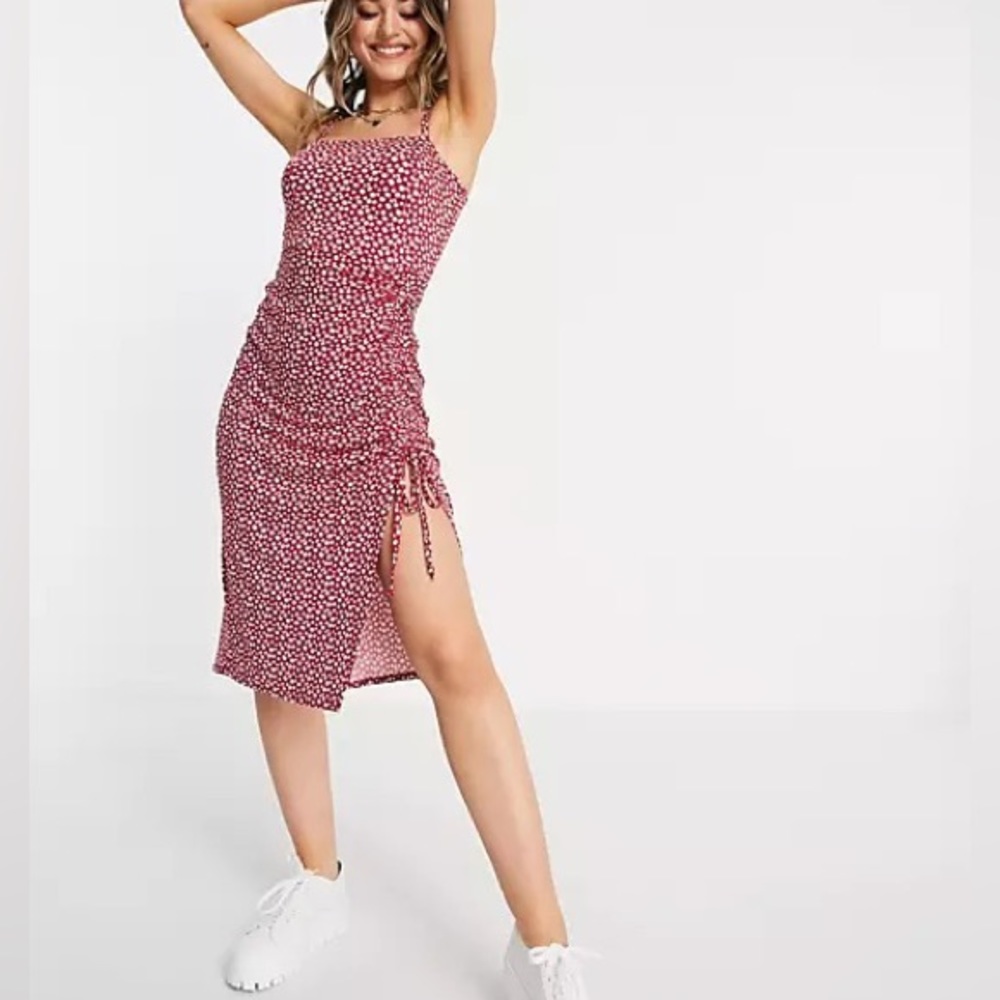 Hollister red with white flowers midi slit dress size XS